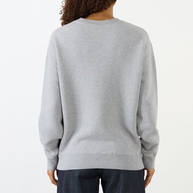 Model wearing JW Anderson Anchor Logo Sweatshirt in Mid Grey Melange, crew neck, long sleeves, ribbed trims. Back view.