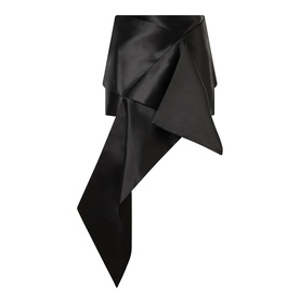 JW Anderson Cross Drape Asymmetrical Mini Skirt in black with draped front detail, asymmetric trailing hemline and smooth satin-like finish.
