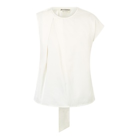 JW Anderson ivory cotton top with draped front pleat detail and tie hem, cap sleeves and crew neck