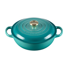 Le Creuset Casserole in Bleu Riviera, shallow wide dish with dual handles and gold-toned knob lid