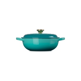 Le Creuset Casserole in Bleu Riviera, wide shallow cast iron dish with lid and olive green knob handle