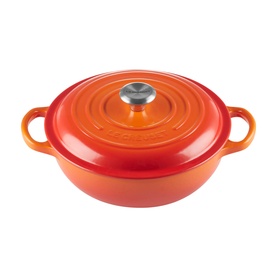 Le Creuset Volcanic cast iron shallow casserole dish with lid and twin handles, stainless steel knob, orange-red enamel finish
