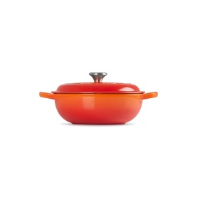 Le Creuset Volcanic cast iron shallow casserole dish with lid and silver knob, shown on white background