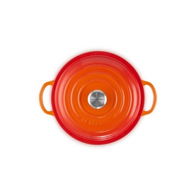 Le Creuset Volcanic cast iron casserole dish, overhead view showing round form, dual handles and stainless steel lid knob