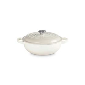 Le Creuset Meringue cast iron shallow casserole dish with domed lid and stainless steel knob, two loop handles