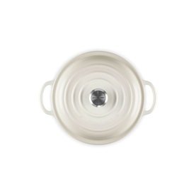 Le Creuset Meringue casserole dish, overhead view showing lid with stainless steel knob and twin handles
