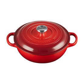 Le Creuset Cerise cast iron casserole dish with wide shallow body, dual handles, and stainless steel lid knob