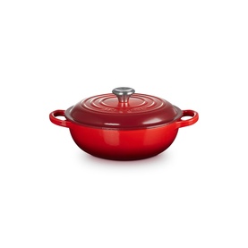 Le Creuset Casserole in Cerise, shallow cast iron dish with domed lid and dual handles