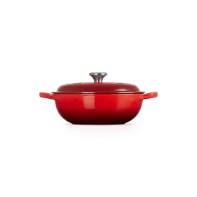 Le Creuset Casserole in Cerise, round cast iron dish with domed lid and black knob handle, two side handles
