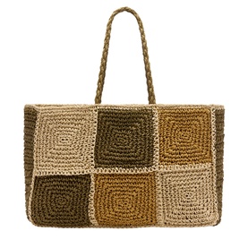Whistles multi-tone crochet tote bag with patchwork square design in natural, tan and khaki, braided top handles