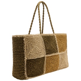 Whistles multi-tone crochet raffia tote bag with patchwork square panels and plaited top handles