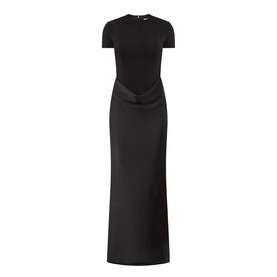 Rotate black maxi dress with short sleeves, mixed fabric bodice, draped satin skirt, and centre back zip