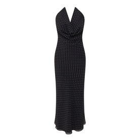 Rotate black polka dot maxi dress with cowl halterneck, sleeveless silhouette and fitted bodycon skirt in 100% polyester