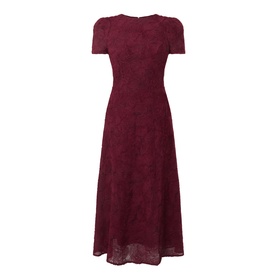 Rotate midi dress in Decadent Chocolate, short sleeves, floral lace fabric, A-line skirt, crew neckline