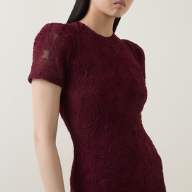 Model wearing Rotate Dress in Decadent Chocolate, short-sleeve lace bodycon style with floral texture and semi-sheer detail