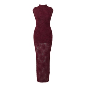 Rotate sleeveless maxi dress in Decadent Chocolate with mock neck, bodycon fit, and sheer textured skirt overlay