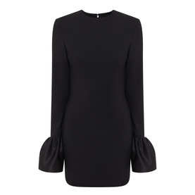 Rotate black long-sleeve mini dress with oversized fluted cuffs, crew neck, and rear button fastening