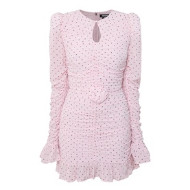 Rotate barely pink polka dot mini dress with keyhole neckline, long ruched sleeves, ruffle hem, and self-tie waist belt