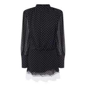Rotate black polka dot mini dress with sheer long sleeves, high neck, elasticated waist, and white lace hem trim
