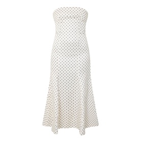 Rotate Dress in Egret white with black polka dot print, strapless design, fitted bodice and flared hem midi length