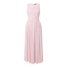Rotate barely pink sleeveless midi dress with polka dot print, pleated skirt, and round neckline in 100% viscose