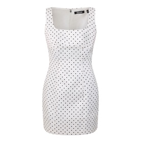 Rotate Dress in Egret white with black polka dot print, sleeveless square neckline, bodycon silhouette, concealed back zip