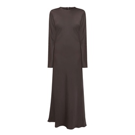 Rotate Black Olive long-sleeve maxi dress in satin-finish polyester, crew neck, fitted bodice with flared hem, rear zip fastening
