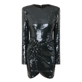 Rotate Black Olive sequin mini dress with long sleeves, crew neck, and ruched wrap-style skirt with crossover hem