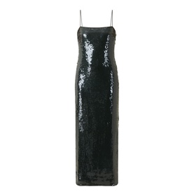 Rotate Black Olive sequin midi dress with thin spaghetti straps and form-fitting silhouette, all-over sequin embellishment