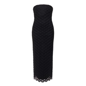 Rotate black strapless maxi dress with textured polka dot lace pattern and scalloped hem, no model