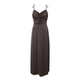 Rotate Black Olive maxi dress with ruched sweetheart bodice, tie shoulder straps, and satin finish