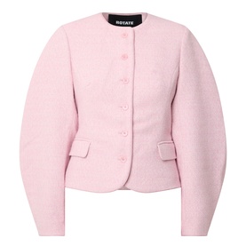 Rotate cherry blossom pink wool-blend jacket with puffed sleeves, collarless neckline, and front button fastening