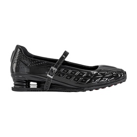 Nike Shox Z Calistra Ballet Flats in black patent synthetic leather with quilted upper, silver buckle strap, and Shox Z cushioned sole.
