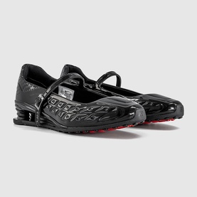Nike Shox Z Calistra Ballet Flats in black patent synthetic leather with adjustable Mary Jane strap, moulded upper detailing and red-accented rubber