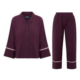 Their Nibs Fig Baby Wavy-Trim Pyjama Set in fig, featuring boxy shirt with 3/4 sleeves and cropped trousers with pink wavy trim detail