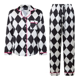 Their Nibs Cream and Black diamond harlequin print cotton pyjama set with pink trim, long sleeve shirt and wide-leg trousers