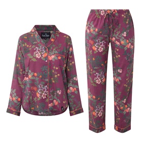 Their Nibs plum floral cotton pyjamas set, long-sleeve button-through shirt and drawstring trousers with all-over botanical print