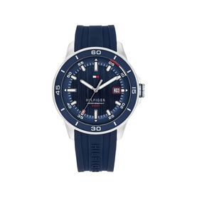 Tommy Hilfiger blue dial watch with navy silicone strap, silver-tone case, and date window