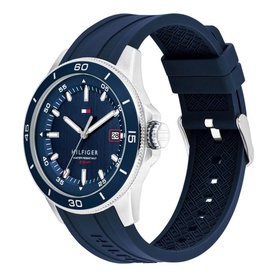 Tommy Hilfiger blue watch with navy dial, silver-tone case, and textured navy silicone strap with silver buckle