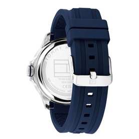 Tommy Hilfiger watch in blue, rear view showing navy silicone strap and silver-tone buckle clasp