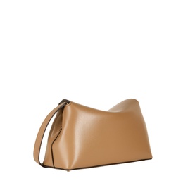 Toteme T-Lock Leather Clutch in camel smooth leather, gold-tone hardware, removable shoulder strap, angular structured silhouette