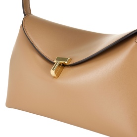 Toteme T-Lock Leather Clutch in camel smooth leather with gold-tone T-lock flap closure and shoulder strap detail