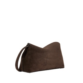 Toteme T-Lock Suede Clutch in brown with silver-tone hardware, removable shoulder strap and structured flap silhouette