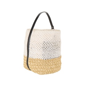 Toteme Tote in ecru and vanilla two-tone woven paper with open crochet upper, raffia base, and single black leather top handle.