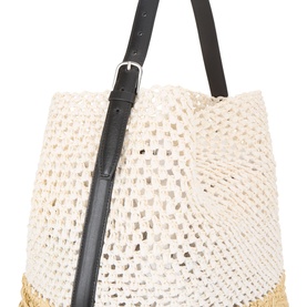 Toteme Tote in ecru and vanilla, open-weave paper body with contrasting gold raffia base and black leather shoulder strap with silver buckle