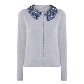 Ulla Johnson Anna Embellished Cardigan in ash grey, fine knit merino wool with sequin-embellished Peter Pan collar and button fastening