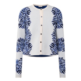 Ulla Johnson Carina Jacquard Cardigan in Lapis, white knit with blue floral jacquard pattern, round neck, button front, ribbed trims