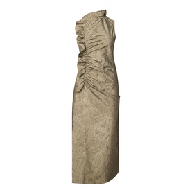 Ulla Johnson Demetria Ruched Dress in light gold crinkle taffeta, sleeveless midi with mock neckline and soft ruching along bodice and waist.