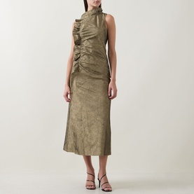 Model wearing Ulla Johnson Demetria Ruched Dress in light gold, sleeveless midi with mock neck, ruched bodice, crinkle taffeta, styled with strappy