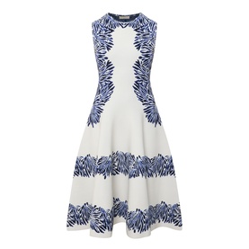 Ulla Johnson Lapis dress in white and blue zebra-print knit, sleeveless with flared midi skirt and stripe hem detailing